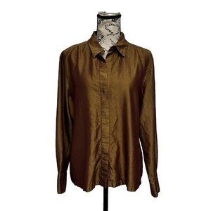 Vtg Y2k Retro Express Bronze Metallic Satin Silk Blouse SZ 13/14 L Casual Modest